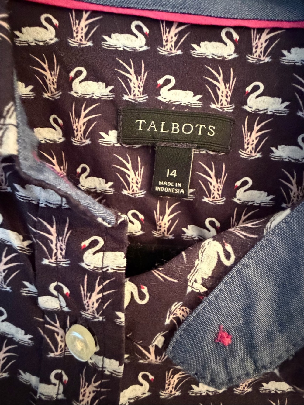 Talbots Navy Swan Print Shirt with Chambray Trim